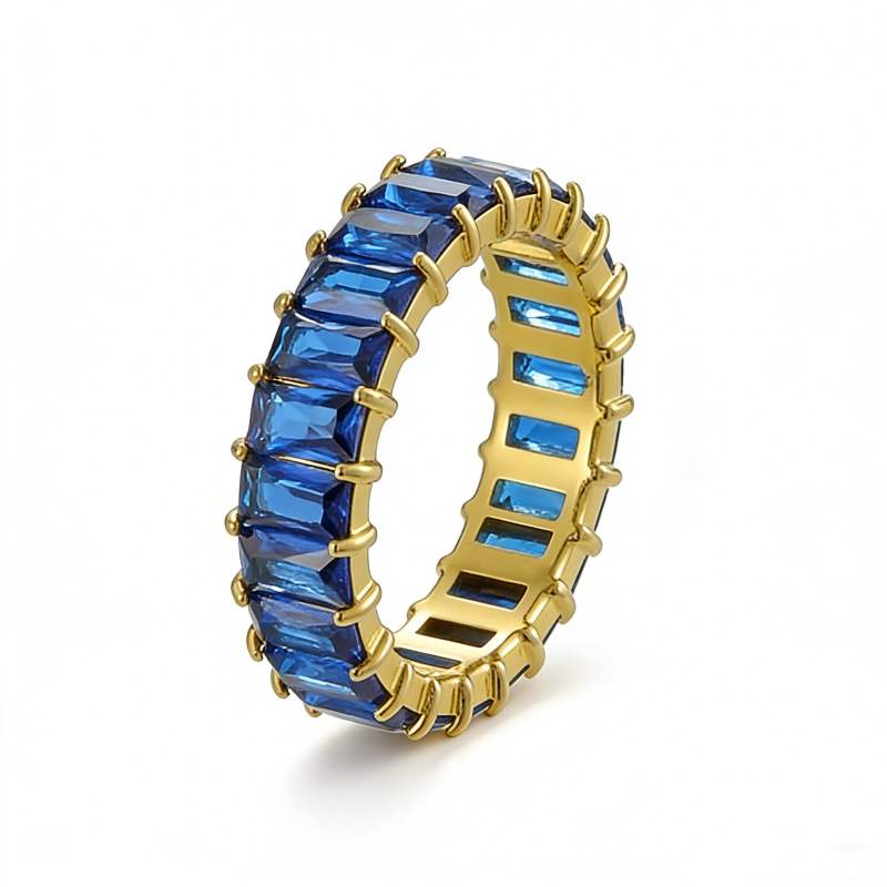 PVD 14K Gold &High Polish 316L Stainless Steel & Blue Zircon Band Ring