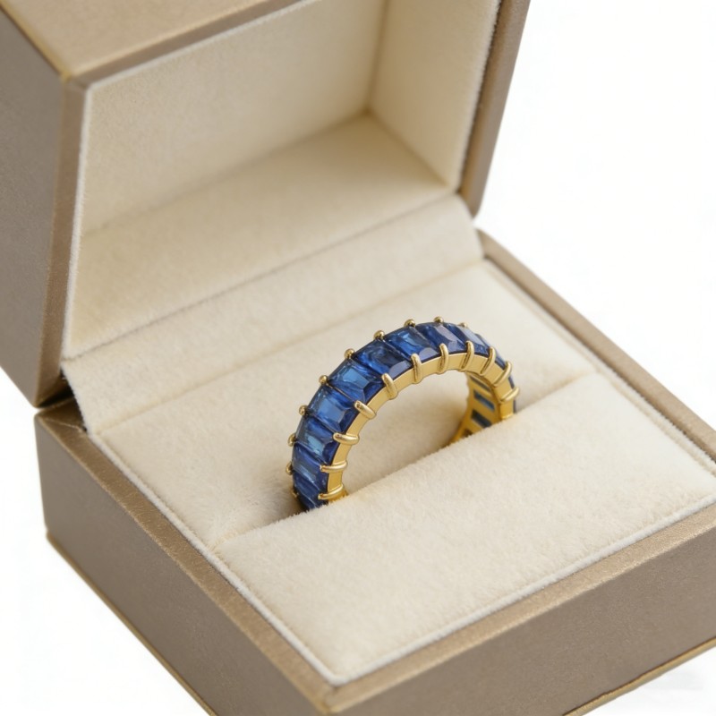PVD 14K Gold &High Polish 316L Stainless Steel & Blue Zircon Band Ring