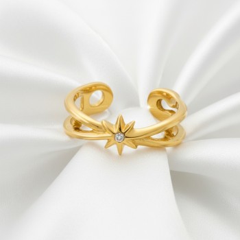 PVD 14K Gold &High Polish 316L Stainless Steel C-Shaped Zircon Ring