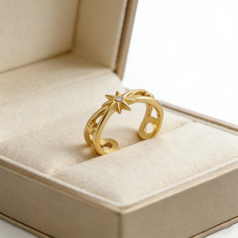 PVD 14K Gold &High Polish 316L Stainless Steel C-Shaped Zircon Ring