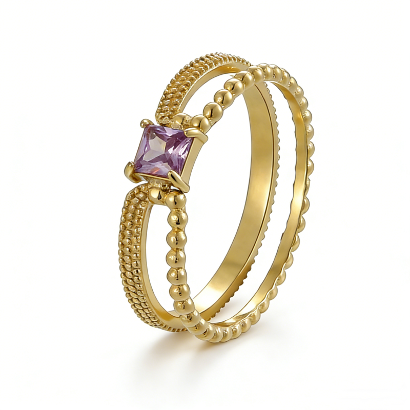 PVD 14K Gold High Polish 316L Stainless Steel & Double-Band Zircon Ring