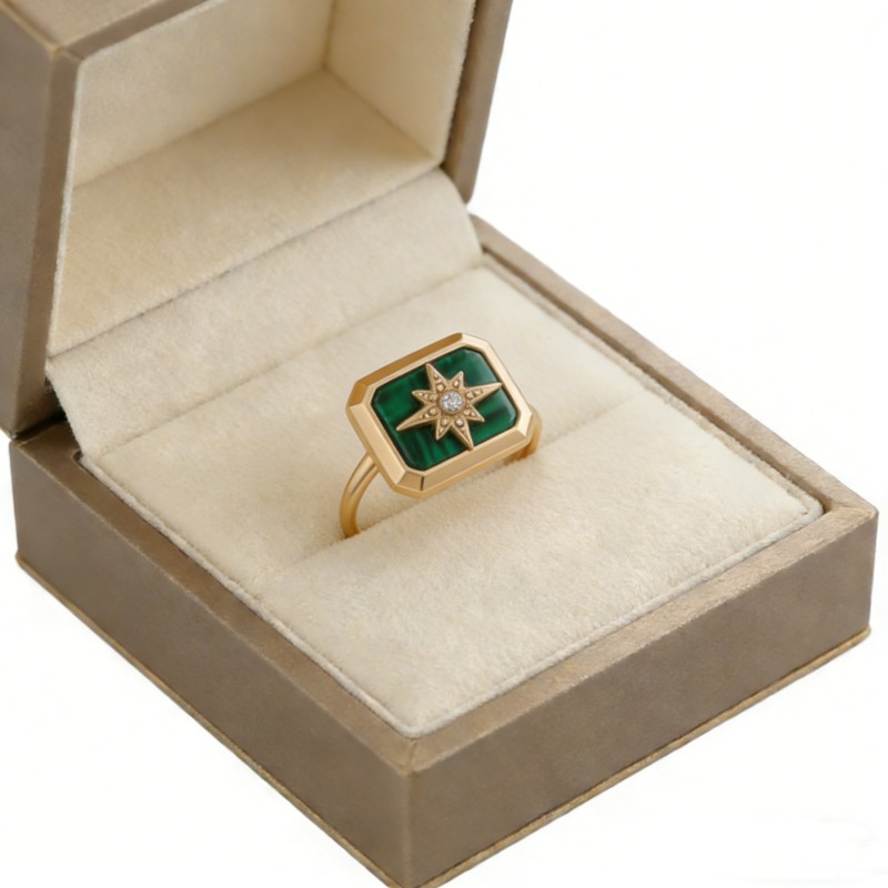 PVD 14K Gold High Polish 316L Stainless Steel & Malachite & Zircon Ring