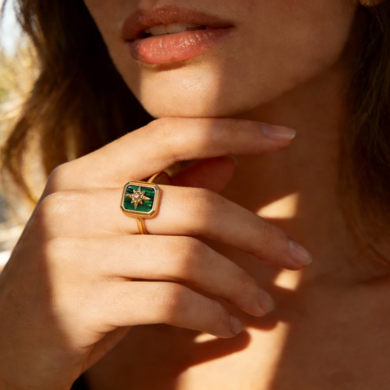 PVD 14K Gold High Polish 316L Stainless Steel & Malachite & Zircon Ring