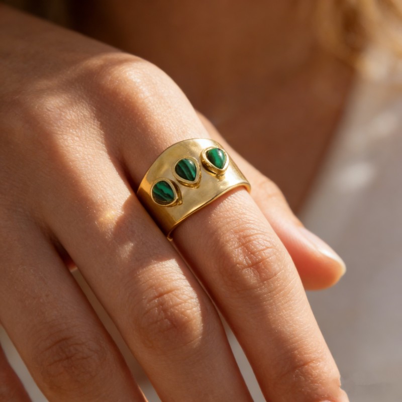 PVD 14K Gold High Polish 316L Stainless Steel & Synthetic Malachite Cuff Ring