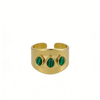 PVD 14K Gold High Polish 316L Stainless Steel & Synthetic Malachite Cuff Ring