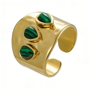 PVD 14K Gold High Polish 316L Stainless Steel & Synthetic Malachite Cuff Ring
