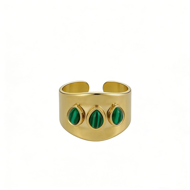 PVD 14K Gold High Polish 316L Stainless Steel & Synthetic Malachite Cuff Ring
