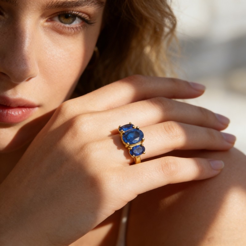 PVD 14K Gold High Polish 316L Stainless Steel & ring adorned with vibrant blue zircon