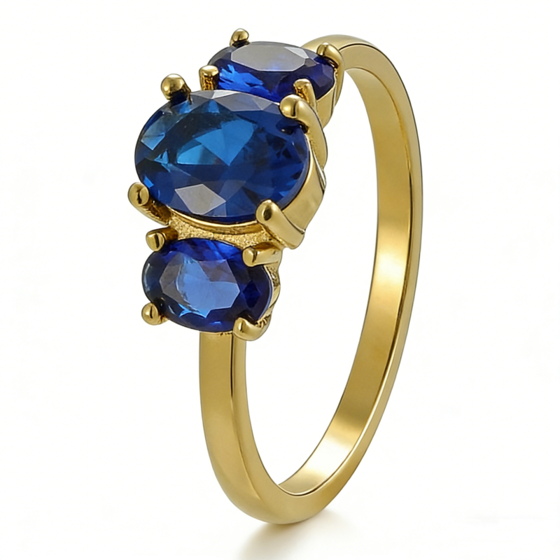 PVD 14K Gold High Polish 316L Stainless Steel & ring adorned with vibrant blue zircon