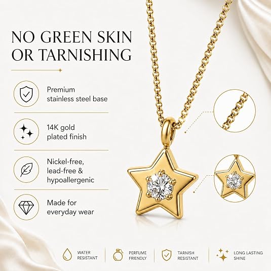 LemonRose 14K Gold Plated Star Necklace for Women - Non-Tarnish Stainless Steel Base Hypoallergenic Cubic Zirconia Pendant Jewelry for Everyday Wear and Travel - 16.5"+2" Extender