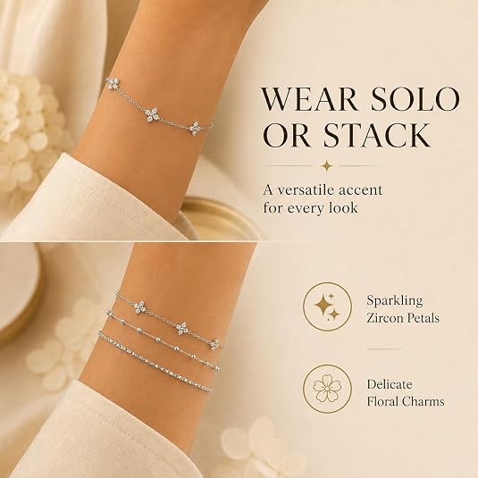 LemonRose Bracelets for Women 14K Gold Plated Stainless Steel Durable Break-Resistant Dainty Clover Bracelet Cubic Zirconia Trendy Jewelry Gifts for Everyday Stacking Beach