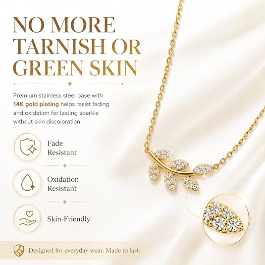 LemonRose Dainty Gold Pendant Necklaces for Women, 14K Gold Plated Stainless Steel CZ Leaf Necklace, Tarnish Resistant Everyday Layering Jewelry Gifts