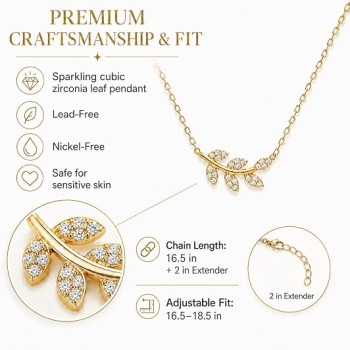LemonRose Dainty Gold Pendant Necklaces for Women, 14K Gold Plated Stainless Steel CZ Leaf Necklace, Tarnish Resistant Everyday Layering Jewelry Gifts