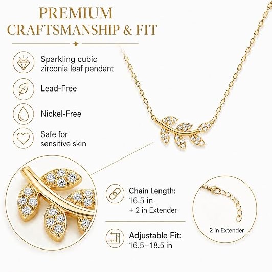LemonRose Dainty Gold Pendant Necklaces for Women, 14K Gold Plated Stainless Steel CZ Leaf Necklace, Tarnish Resistant Everyday Layering Jewelry Gifts