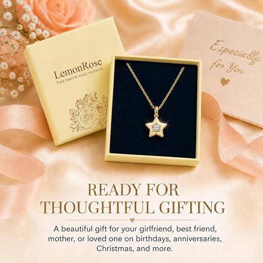 LemonRose 14K Gold Plated Star Necklace for Women - Non-Tarnish Stainless Steel Base Hypoallergenic Cubic Zirconia Pendant Jewelry for Everyday Wear and Travel - 16.5"+2" Extender