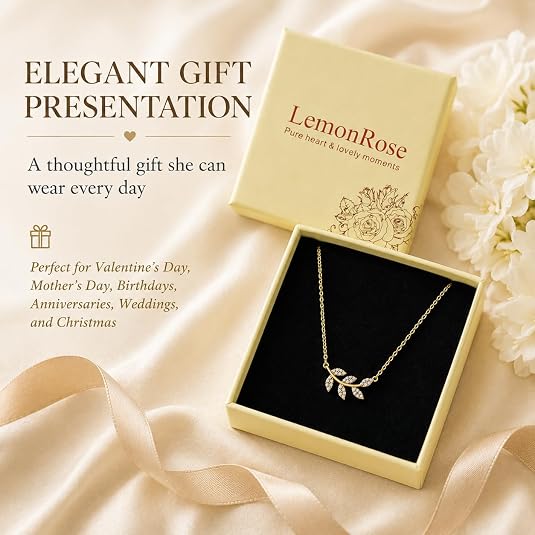 LemonRose Dainty Gold Pendant Necklaces for Women, 14K Gold Plated Stainless Steel CZ Leaf Necklace, Tarnish Resistant Everyday Layering Jewelry Gifts