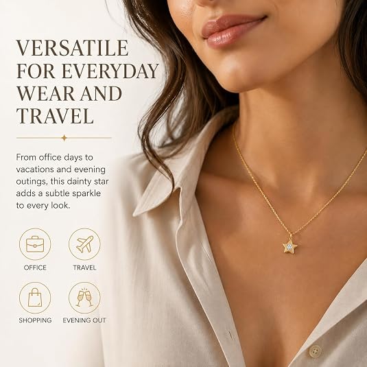 LemonRose 14K Gold Plated Star Necklace for Women - Non-Tarnish Stainless Steel Base Hypoallergenic Cubic Zirconia Pendant Jewelry for Everyday Wear and Travel - 16.5"+2" Extender