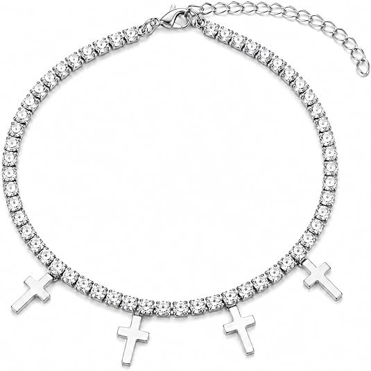 LemonRose Gold Cross Tennis Bracelet - Non-Tarnish Stainless Steel 14K Gold Plated Cubic Zirconia Bracelet, Adjustable Dainty Religious Charm Jewelry Gifts for Women