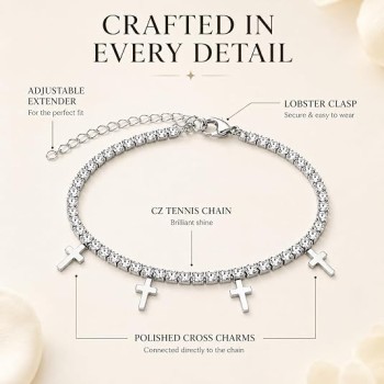 LemonRose Gold Cross Tennis Bracelet - Non-Tarnish Stainless Steel 14K Gold Plated Cubic Zirconia Bracelet, Adjustable Dainty Religious Charm Jewelry Gifts for Women