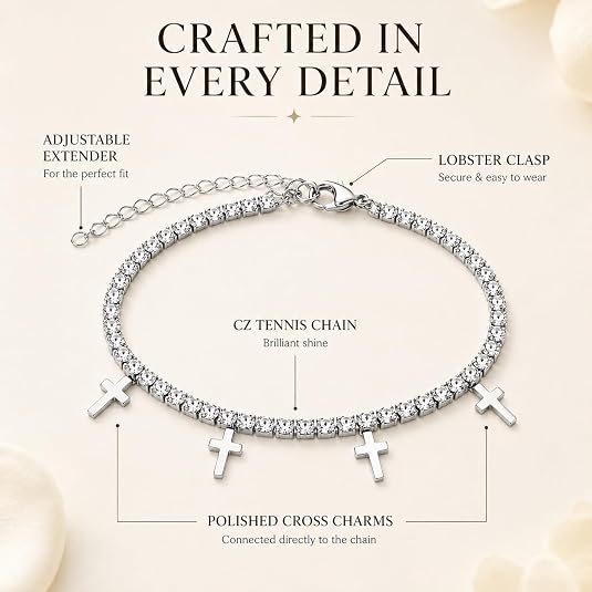 LemonRose Gold Cross Tennis Bracelet - Non-Tarnish Stainless Steel 14K Gold Plated Cubic Zirconia Bracelet, Adjustable Dainty Religious Charm Jewelry Gifts for Women