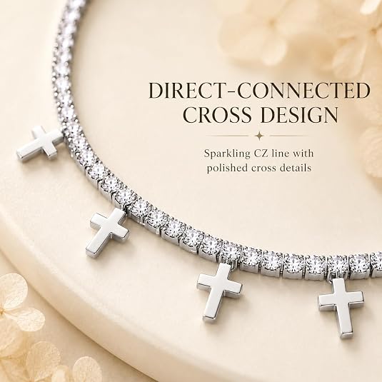 LemonRose Gold Cross Tennis Bracelet - Non-Tarnish Stainless Steel 14K Gold Plated Cubic Zirconia Bracelet, Adjustable Dainty Religious Charm Jewelry Gifts for Women