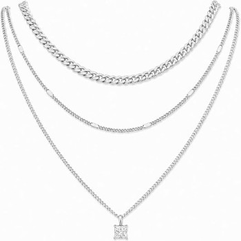 LemonRose Layered Gold Necklaces for Women - 14K Gold Plated Premium Stainless Steel 3 Piece Set, Dainty Cuban Choker & CZ Pendant Chain, Waterproof Everyday Jewelry Gift