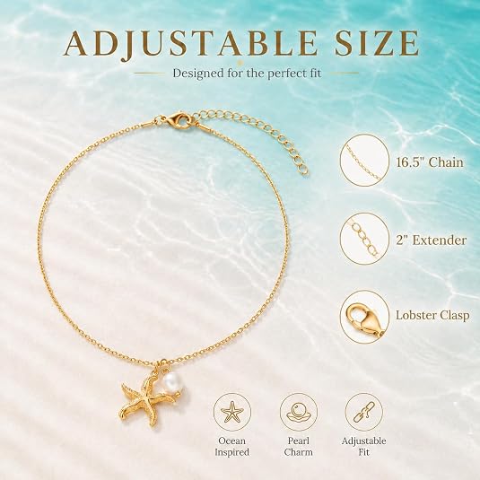 LemonRose Gold Starfish Necklace for Women 14k Gold Plated Dainty Pearl Pendant Necklace Trendy Summer Beach Jewelry Ocean Lover Birthday Gifts for Women