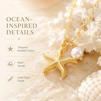 LemonRose Gold Starfish Necklace for Women 14k Gold Plated Dainty Pearl Pendant Necklace Trendy Summer Beach Jewelry Ocean Lover Birthday Gifts for Women