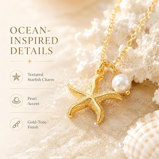 LemonRose Gold Starfish Necklace for Women 14k Gold Plated Dainty Pearl Pendant Necklace Trendy Summer Beach Jewelry Ocean Lover Birthday Gifts for Women