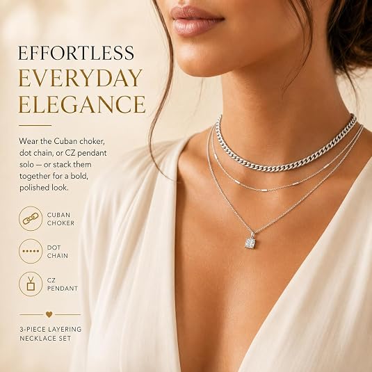 LemonRose Layered Gold Necklaces for Women - 14K Gold Plated Premium Stainless Steel 3 Piece Set, Dainty Cuban Choker & CZ Pendant Chain, Waterproof Everyday Jewelry Gift