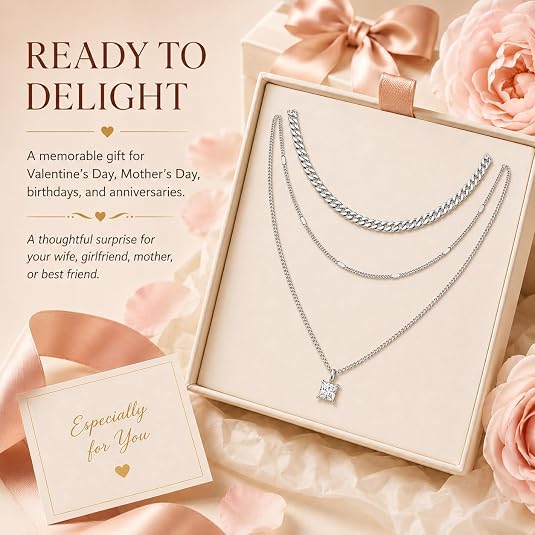LemonRose Layered Gold Necklaces for Women - 14K Gold Plated Premium Stainless Steel 3 Piece Set, Dainty Cuban Choker & CZ Pendant Chain, Waterproof Everyday Jewelry Gift