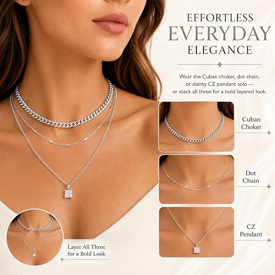 LemonRose Layered Gold Necklaces for Women - 14K Gold Plated Premium Stainless Steel 3 Piece Set, Dainty Cuban Choker & CZ Pendant Chain, Waterproof Everyday Jewelry Gift