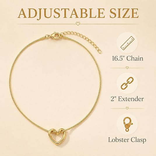 LemonRose Dainty Gold Heart Necklace for Women 14k Gold Plated Heart Pendant Choker Necklaces Small Gold Love Open Heart Chain Necklace for Women Simple Gold Necklace for Women Trendy Jewelry Gifts